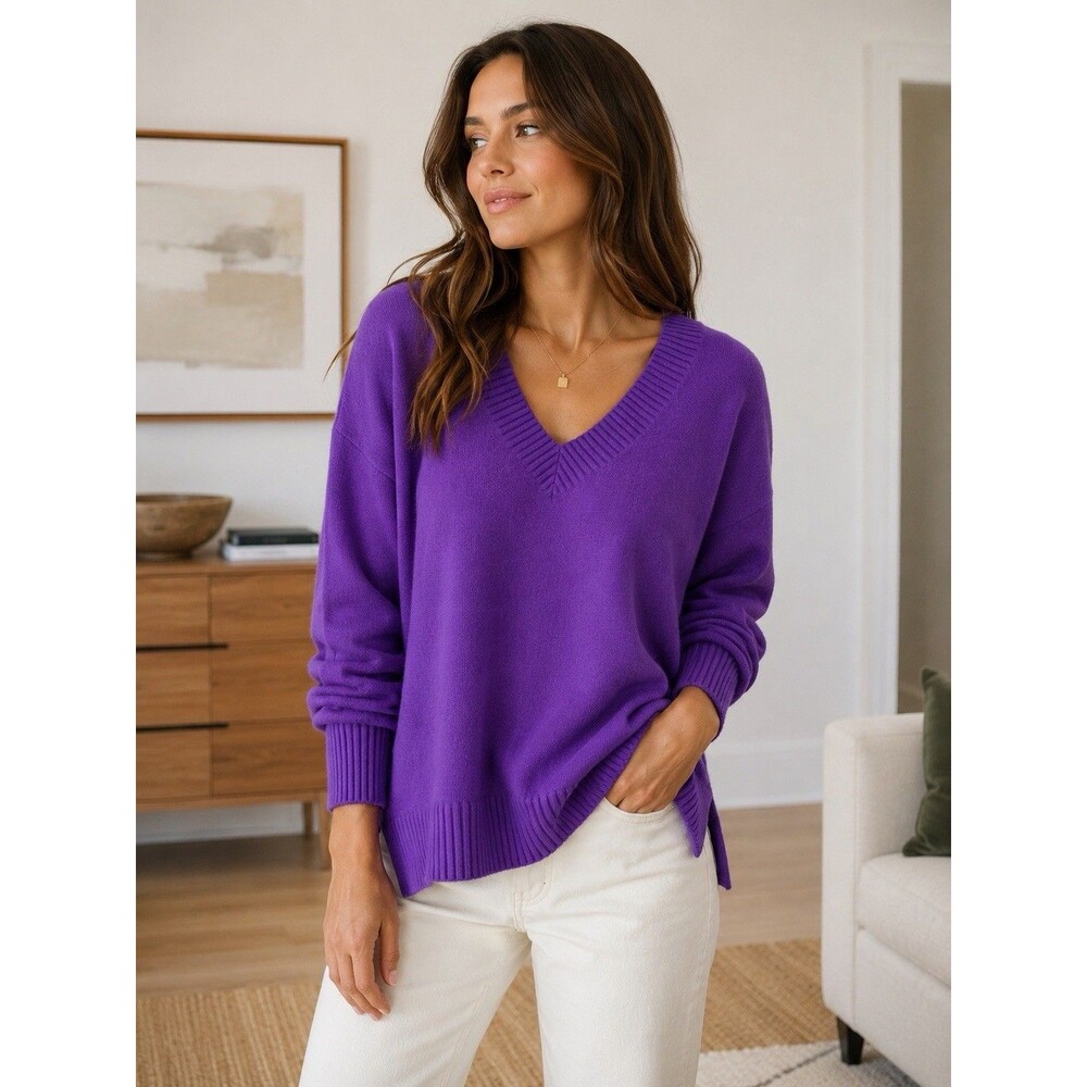 NAADAM 100% Cashmere Sweater Womens L Purple V Neck Oversized Soft Knit